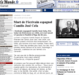 La  web  del diario francés  Le Monde  recoge así la muerte del premio Nobel.