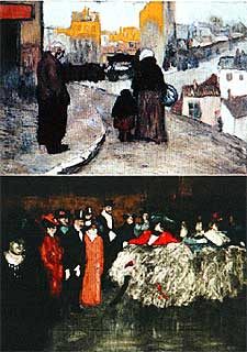 Arriba,  Rue de Montmartre  y, debajo, una pintura subyacente que se asemeja a  Le Moulin de la Galette .