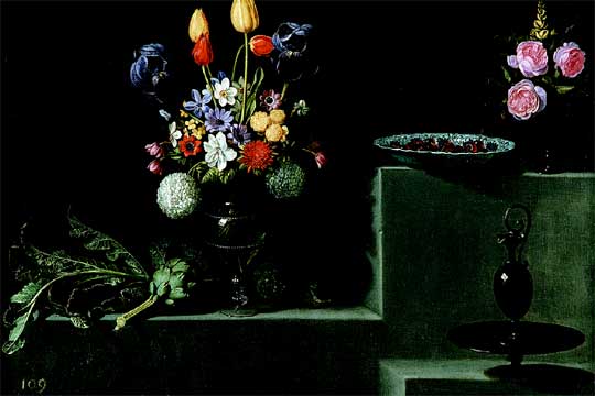  Bodegones con alcachofas y floreros , de Juan van del Hamen. (1627)