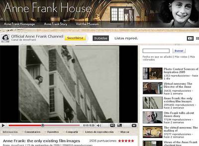 Aspecto del  canal sobre Ana Frank en YouTube  . En la imagen en blanco y negro se aprecia a la joven asomada a una ventana