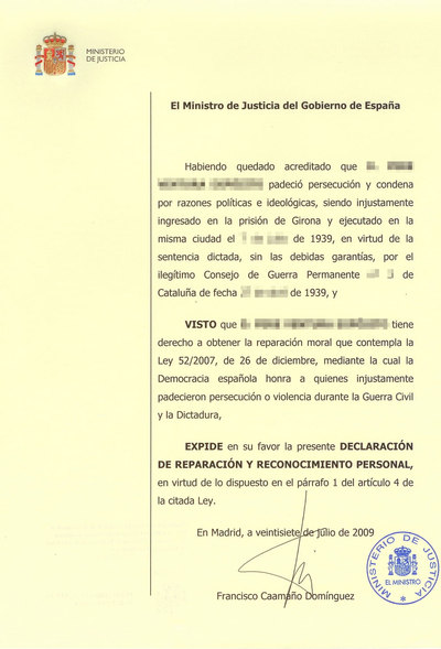 Modelo de la declaración de reparación y reconocimiento personal que concede el Ministerio de Justicia a los represaliados del franquismo
