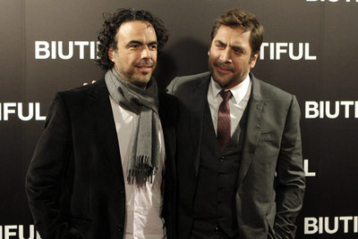 El director Alejandro González Iñárritu y el actor Javier Bardem en la presentación de  Biutiful .