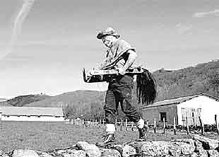  Zaldiko  realiza sus cabriolas antes de ser herrado, ayer, durante la mascarada de Lanz.
