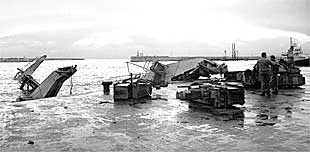 Aspecto de una de las grúas que el viento derribó ayer en el Puerto de Málaga.