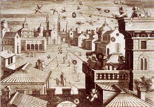 Grabado  Caza de pájaro , aguafuerte y buril, por Philip Galle, según dibujo de Jan van der Straet.