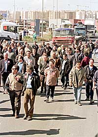 Grupos de trabajadores recorriendo ayer el puerto de Alicante.