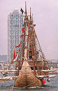 La  Mata Rangi,  una balsa construida a base de cañas de totora zarpó ayer del Puerto Olímpico de Barcelona rumbo a Cartagena de Indias (Colombia).