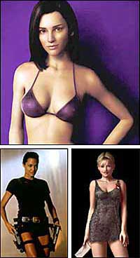 Arriba, Aki Ross. Abajo, Angelina Jolie y la modelo virtual Weebbie Tookay.