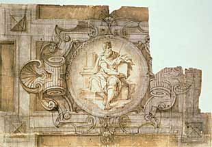 Cartucho con figura sedente de anciano, cartón a pluma y aguada de Francesco da Urbino, en el monasterio de El Escorial.