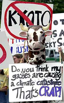 Estudiantes estadounidenses se manifiestan contra Kioto en Bonn con frases como la de la pancarta que dice: 