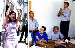 A la izquierda, la alcaldesa tras el pleno de ayer en Puebla de Guzmán. A la derecha, Ramos, en el debate.