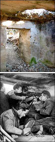 Arriba, estado actual de un refugio de la guerra civil en Arganda. Abajo, soldados en una trinchera durante la batalla del Jarama.