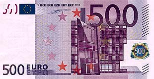 Anverso de un billete de 500 euros (83.193 pesetas)