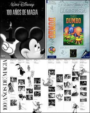 Arriba, la portada del coleccionable y la carátula de    Dumbo.  Abajo, una doble página de    100 años de magia. 