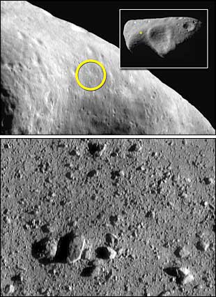 Fotografías del asteroide Eros en el lugar donde cayó la  Near  (arriba) y detalle de la superficie en una imagen de alta resolución.