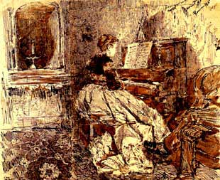  Dama pianista , dibujo de Marià Fortuny reproducido del libro  Prefiguració del Museu Nacional d'Art de Catalunya .