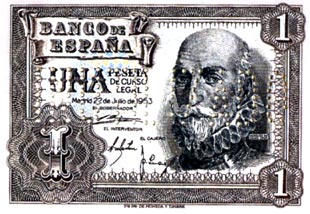 Billete de una peseta emitido en julio de 1953.
