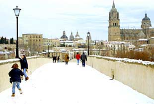 La ciudad de Salamanca, con la catedral al fondo, tras la nevada caída ayer.