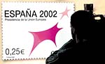 Primer sello español en euros, por valor de 0,25. El grabado es el logro de la presidencia española, que se extenderá durante el primer semestre de 2001.