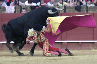 Miguel Abellán esquiva la embestida del sexto toro, al que recibió a porta gayola.