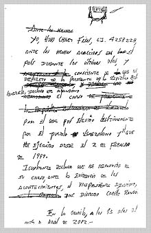 Manuscrito de renuncia al cargo del presidente Hugo Chávez difundido ayer por el diario venezolano    El Nacional. 