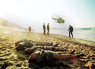 La fotografía    Ahogados  fue tomada el 5 de febrero de 2001 en la playa de Bolonia (Tarifa) y recoge el drama de los inmigrantes ilegales en el Estrecho.