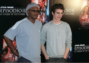 Hayden Christensen (a la derecha) y Samuel L. Jackson, durante la presentación de    El ataque de los clones  en Madrid.