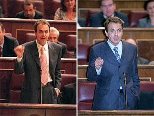 Zapatero, en el último debate del estado de la nación y, a la derecha, en una imagen reciente con nuevo peinado.