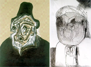  Retrato imaginario de Felipe II  (1984), de Antonio Saura, izquierda, y    Archivo de Indias nº 2  (1991), de José Luis Cuevas.