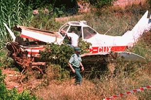 Un guardia civil y un mecánico, junto a la avioneta que se estrelló ayer en Torres-Torres.