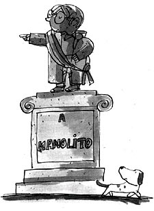 Manolito Gafotas, según Emilio Urberuaga y (abajo) el cartel del Salón 2002.