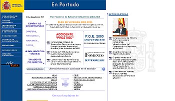 Página de inicio de la web del Ministerio de Fomento, con las notas sobre la catástrofe del    Prestige. 