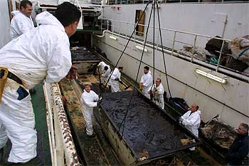 El barco de Pescanova    Robin M. Lee  descarga 50 toneladas de fuel recogidas en el Cantábrico en el puerto de Vigo.