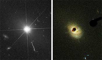 El cuásar 3C273 observado en 1994 con la antigua cámara del    Hubble  (derecha) y en 2002 con la nueva cámara.