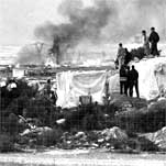 Un grupo de inmigrantes observa cómo arden algunas de sus chabolas ayer en El Ejido