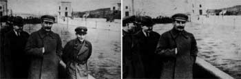Stalin aparece en la primera imagen con un miembro del Ejército a su izquierda. Éste queda  eliminado  en la siguiente fotografía.