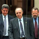 Galindo, en el centro, junto a su abogado José María Fuster-Fabra (a la izquierda) y Ángel Vaquero