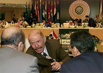 Izzat Ibrahim, dirigente del partido Baaz, conversa con el vicepresidente iraquí ayer durante la cumbre.