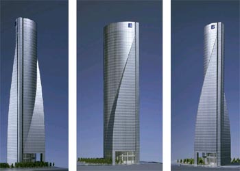 Tres imágenes de la Torre Espacio, en la antigua Ciudad Deportiva del Real Madrid, obra de Henry Cobb.