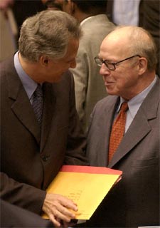 El ministro de Exteriores francés, Dominique de Villepin, con el jefe de los inspectores, Hans Blix, el pasado viernes.