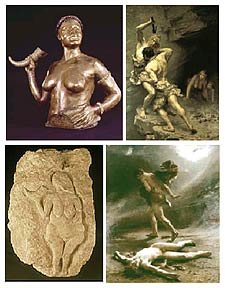  La meffe negroide de Laussel,  de Louis Mascré (arriba a la izquierda), y  Venus a la corne de Laussel  (abajo). A la derecha,  L'envahisseur,   de Léon-Maxime Faivre (arriba), y   Le premier meurtre,   de Leon Perrault, en el Museo de Aquitania de Burdeos. 