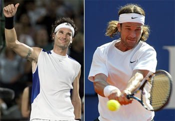 Carlos Moyà (izquierda), por primera vez sin mangas, en Cayo Vizcaíno el pasado 28 de marzo; derecha, en abril de 2002, en Montecarlo.