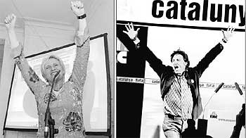 ÉSTOS SON LOS QUE MÁS GANAN. Imma Mayol en la sede electoral de ICV-EUiA y Jordi Portabella en el hotel Palace.