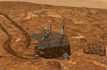 Dibujo de uno de los vehículos todoterreno gemelos estadounidenses que pasearán por Marte en 2004 controlados desde la Tierra. Abajo, vista del Nirgal Vallis desde una nave en órbita y representación de la sonda europea  Mars Express .