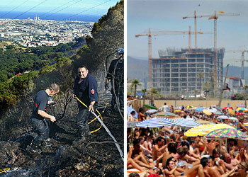 A la izquierda, miembros del equipo de bomberos que trabajaron en el incendio que ayer por la tarde se declaró en la sierra de Collserola, en Barcelona, y que quemó entre cuatro y cinco hectáreas.  A la derecha, imagen de la playa de la Nova Mar Bella, ayer, con las obras del Fòrum al fondo. 
