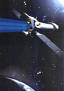 Recreacion artística del telescopio  XMM-Newton. rnrnIlustración de una galaxia activa con un agujero negro en su centro.