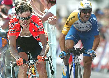 Mayo, durante su victoria en Alpe d'Huez. A la derecha, Mancebo, en el prólogo.