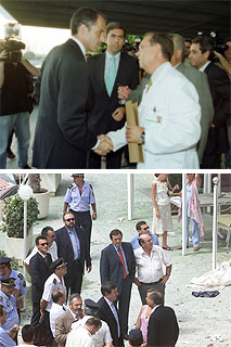 Arriba, el presidente de la Generalitat, Francisco Camps, anoche en el hospital de Alicante. Abajo, el secretario general del PSPV, Joan Ignasi Pla, con el alcalde de Benidorm, Vicente Pérez Devesa.rnrn  PEP GARCIA  MÓNICA TORRES
