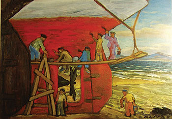 El óleo  Estaleiro,  de Carlos Maside García, una de las obras de la exposición  El espejo del mar,   en el Museo del Mar de Galicia. 