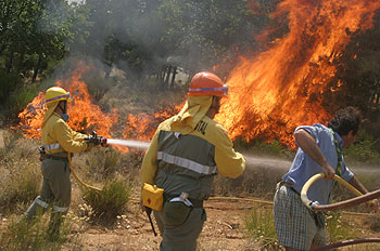 Dos bomberos y un voluntario trabajan en la extinción del incendio en Barco de Ávila.